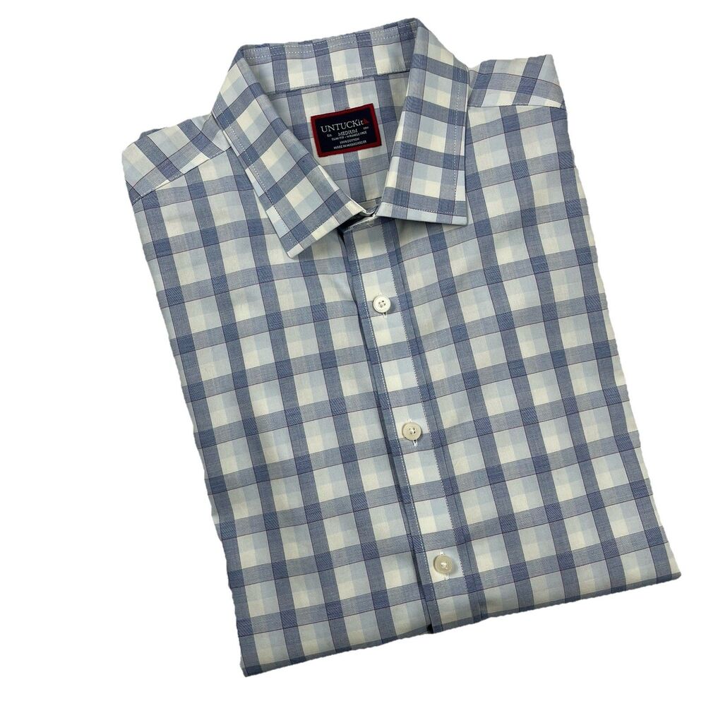 Untuckit Men’s Long Sleeve Button Up Blue White Windowpane Plaid- M